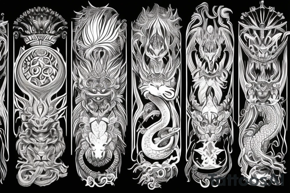 Lion dragon shaman Pegasus
 mystical
 lions mane
dragons wings
dragons feet
abstract negative space
dark
hallucinogenic
Fortune teller
Chrystal ball
Orbuculum tattoo idea