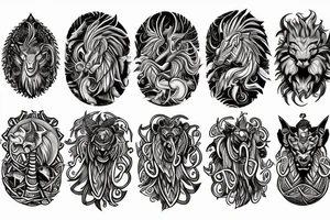 Lion dragon shaman Pegasus
 mystical
 lions mane
dragons wings
dragons feet
abstract negative space
dark
hallucinogenic
Fortune teller
Chrystal ball
Orbuculum tattoo idea