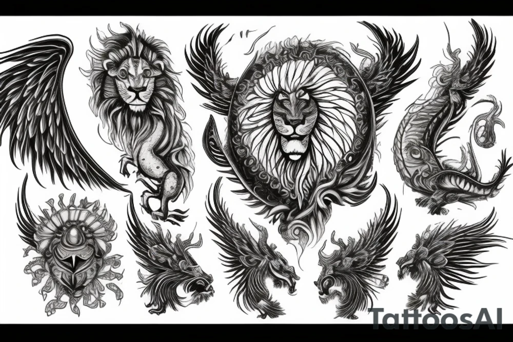 Lion dragon shaman Pegasus
 mystical
 lions mane
dragons wings
dragons feet
abstract negative space
dark
hallucinogenic
Fortune teller
Chrystal ball
Orbuculum tattoo idea