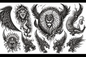 Lion dragon shaman Pegasus
 mystical
 lions mane
dragons wings
dragons feet
abstract negative space
dark
hallucinogenic
Fortune teller
Chrystal ball
Orbuculum tattoo idea