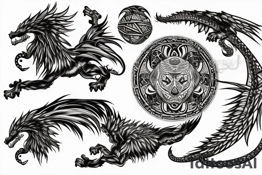 Lion dragon shaman Pegasus
 mystical
 lions mane
dragons wings
dragons feet
abstract negative space
dark
hallucinogenic
Fortune teller
Chrystal ball
Orbuculum tattoo idea