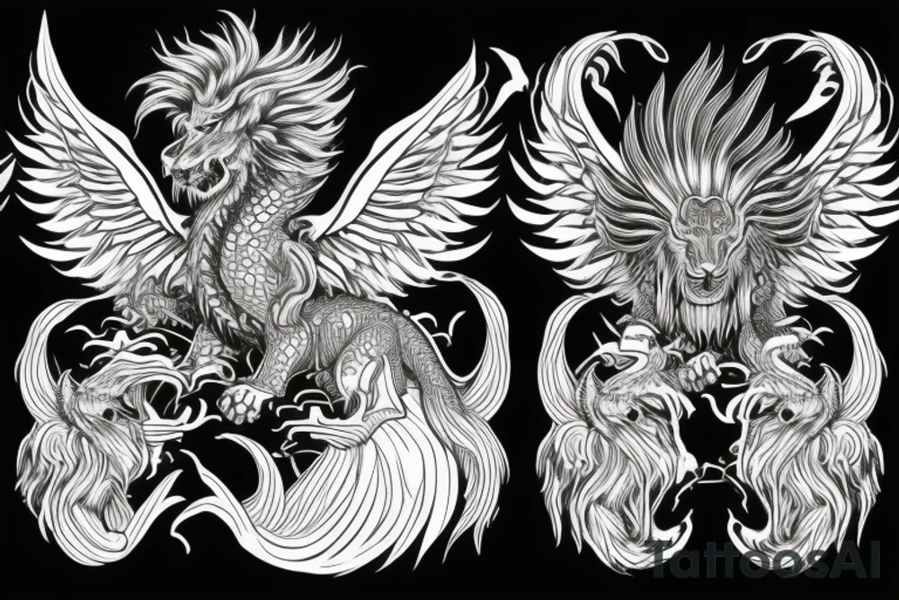 Lion dragon shaman Pegasus
 mystical
 lions mane
dragons wings
dragons feet
abstract negative space
dark
hallucinogenic
Fortune teller
Chrystal ball
Orbuculum tattoo idea
