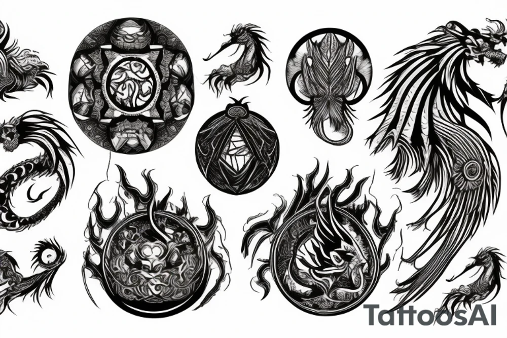 Lion dragon shaman Pegasus
 mystical
 lions mane
dragons wings
dragons feet
abstract negative space
dark
hallucinogenic
Fortune teller
Chrystal ball
Orbuculum tattoo idea