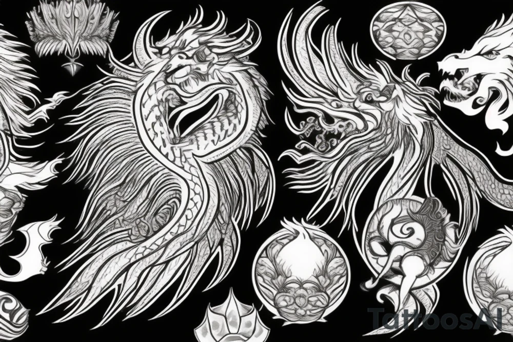 Lion dragon shaman Pegasus
 mystical
 lions mane
dragons wings
dragons feet
abstract negative space
dark
hallucinogenic
Fortune teller
Chrystal ball
Orbuculum tattoo idea