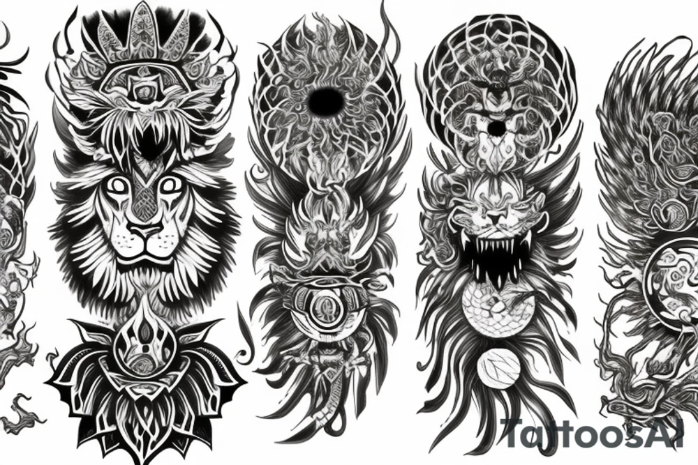 Lion dragon shaman Pegasus
 mystical
 lions mane
dragons wings
dragons feet
abstract negative space
dark
hallucinogenic
Fortune teller
Chrystal ball
Orbuculum tattoo idea