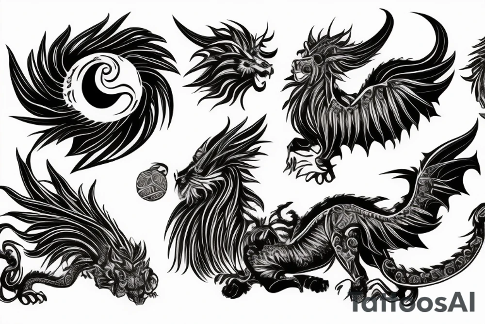 Lion dragon shaman Pegasus
 mystical
 lions mane
dragons wings
dragons feet
abstract negative space
dark
hallucinogenic
Fortune teller
Chrystal ball
Orbuculum tattoo idea