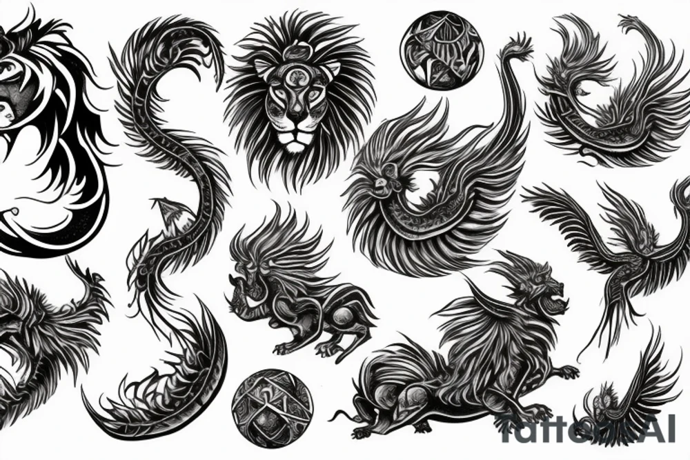 Lion dragon shaman Pegasus
 mystical
 lions mane
dragons wings
dragons feet
abstract negative space
dark
hallucinogenic
Fortune teller
Chrystal ball
Orbuculum tattoo idea