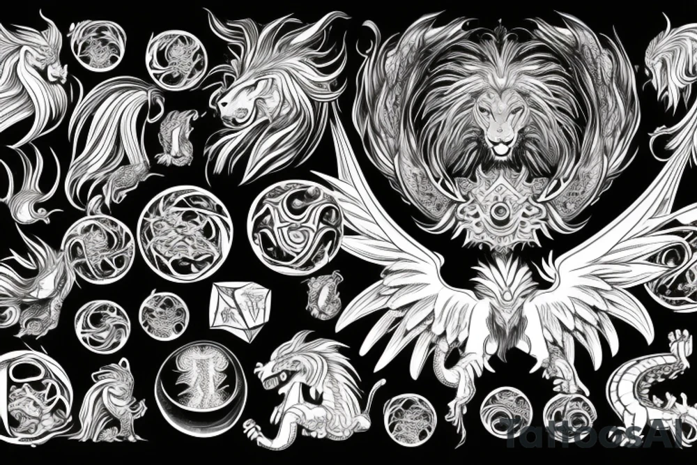 Lion dragon shaman Pegasus
 mystical
 lions mane
dragons wings
dragons feet
abstract negative space
dark
hallucinogenic
Fortune teller
Chrystal ball
Orbuculum tattoo idea