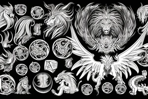 Lion dragon shaman Pegasus
 mystical
 lions mane
dragons wings
dragons feet
abstract negative space
dark
hallucinogenic
Fortune teller
Chrystal ball
Orbuculum tattoo idea