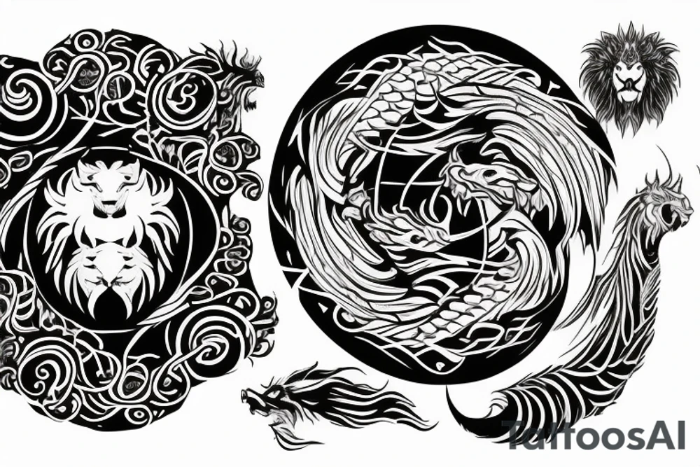 Lion dragon shaman Pegasus
 mystical
 lions mane
dragons wings
dragons feet
abstract negative space
dark
hallucinogenic
Fortune teller
Chrystal ball
Orbuculum
yin yang tattoo idea