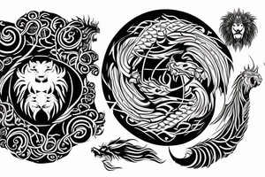 Lion dragon shaman Pegasus
 mystical
 lions mane
dragons wings
dragons feet
abstract negative space
dark
hallucinogenic
Fortune teller
Chrystal ball
Orbuculum
yin yang tattoo idea
