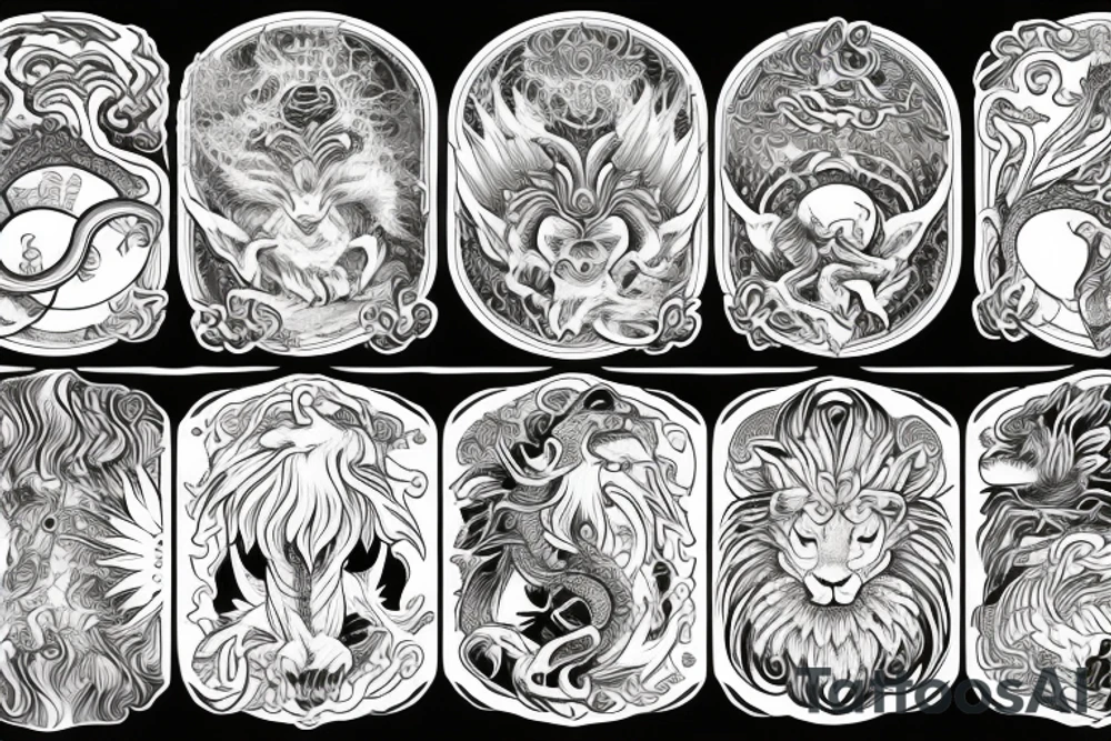Lion dragon shaman Pegasus
 mystical
 lions mane
dragons wings
dragons feet
abstract negative space
dark
hallucinogenic
Fortune teller
Chrystal ball
Orbuculum
yin yang tattoo idea