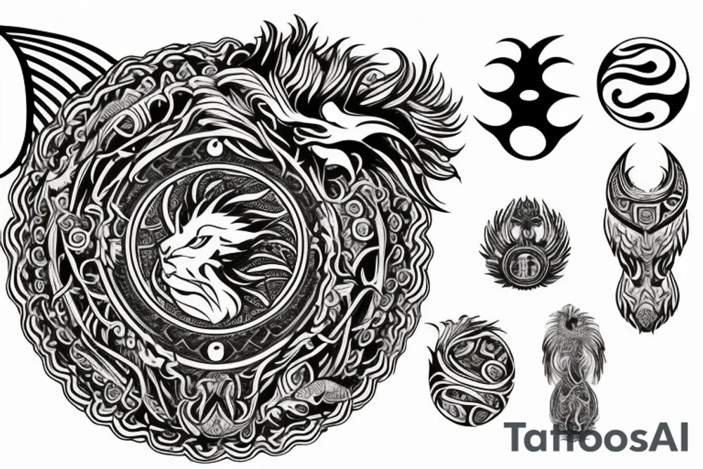 Lion dragon shaman Pegasus
 mystical
 lions mane
dragons wings
dragons feet
abstract negative space
dark
hallucinogenic
Fortune teller
Chrystal ball
Orbuculum
yin yang tattoo idea