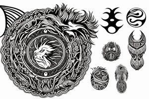 Lion dragon shaman Pegasus
 mystical
 lions mane
dragons wings
dragons feet
abstract negative space
dark
hallucinogenic
Fortune teller
Chrystal ball
Orbuculum
yin yang tattoo idea