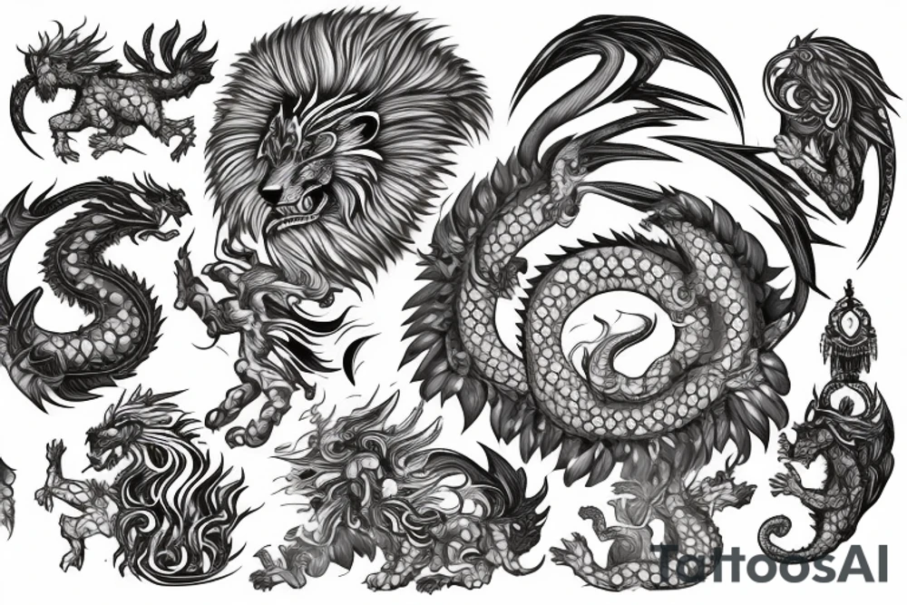 Lion dragon shaman Pegasus
 mystical
 lions mane
dragons wings
dragons feet
abstract negative space
dark
hallucinogenic
Fortune teller
Chrystal ball
Orbuculum
yin yang tattoo idea