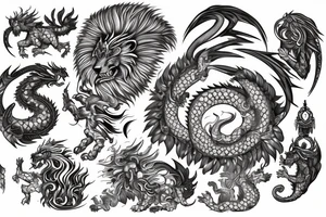 Lion dragon shaman Pegasus
 mystical
 lions mane
dragons wings
dragons feet
abstract negative space
dark
hallucinogenic
Fortune teller
Chrystal ball
Orbuculum
yin yang tattoo idea
