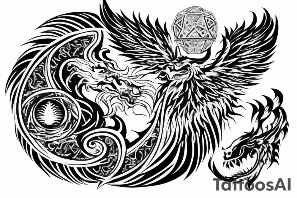 Lion dragon shaman Pegasus
 mystical
 lions mane
dragons wings
dragons feet
abstract negative space
dark
hallucinogenic
Fortune teller
Chrystal ball
Orbuculum
yin yang tattoo idea