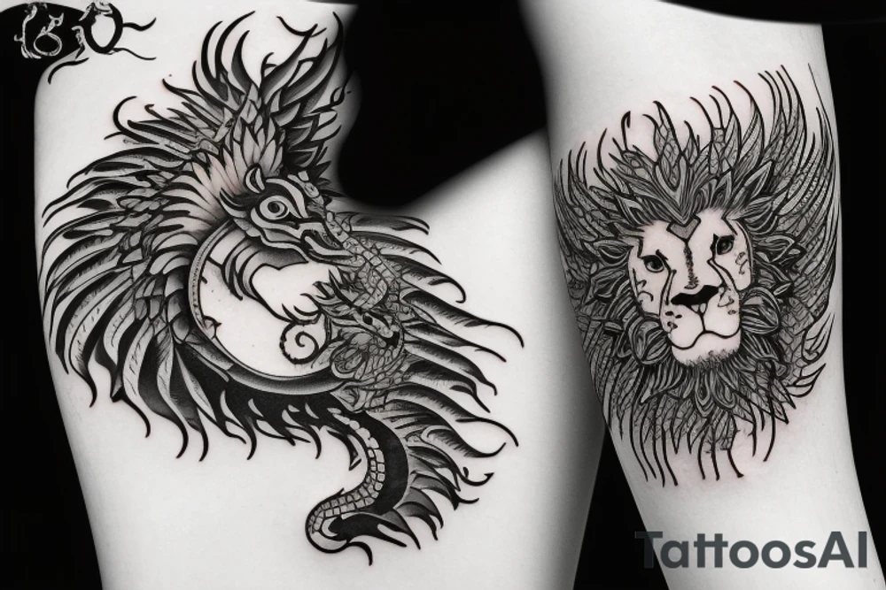 Lion dragon shaman Pegasus
 mystical
 lions mane
dragons wings
dragons feet
abstract negative space
dark
hallucinogenic
Fortune teller
Chrystal ball
Orbuculum
yin yang tattoo idea