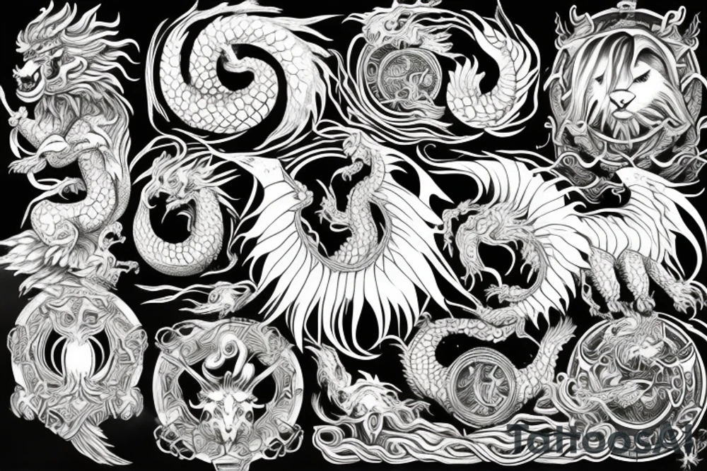 Lion dragon shaman Pegasus
 mystical
 lions mane
dragons wings
dragons feet
abstract negative space
dark
hallucinogenic
Fortune teller
Chrystal ball
Orbuculum
yin yang tattoo idea
