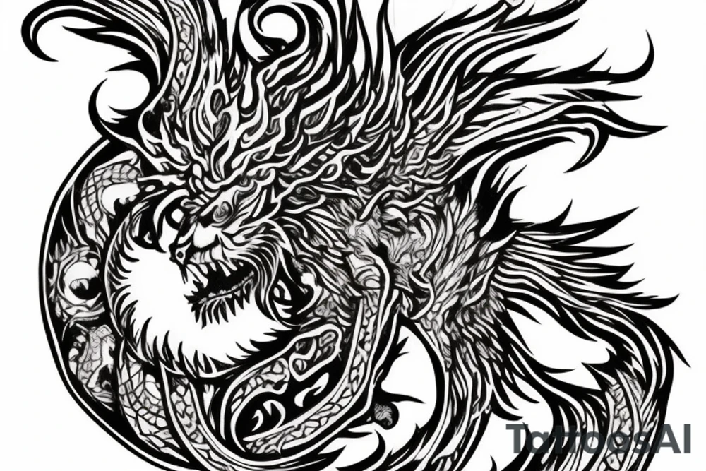 Lion dragon shaman Pegasus
 mystical
 lions mane
dragons wings
dragons feet
abstract negative space
dark
hallucinogenic
Fortune teller
Chrystal ball
Orbuculum
yin yang tattoo idea