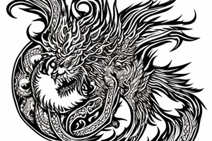 Lion dragon shaman Pegasus
 mystical
 lions mane
dragons wings
dragons feet
abstract negative space
dark
hallucinogenic
Fortune teller
Chrystal ball
Orbuculum
yin yang tattoo idea