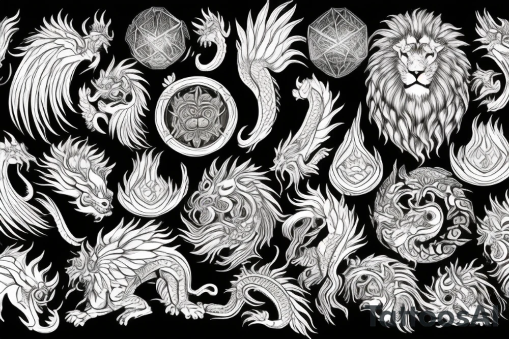 Lion dragon shaman Pegasus
 mystical
 lions mane
dragons wings
dragons feet
abstract negative space
dark
hallucinogenic
Fortune teller
Chrystal ball
Orbuculum
yin yang tattoo idea