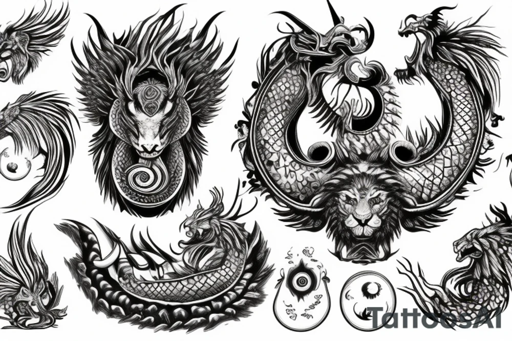 Lion dragon shaman Pegasus
 mystical
 lions mane
dragons wings
dragons feet
abstract negative space
dark
hallucinogenic
Fortune teller
Chrystal ball
Orbuculum
yin yang tattoo idea