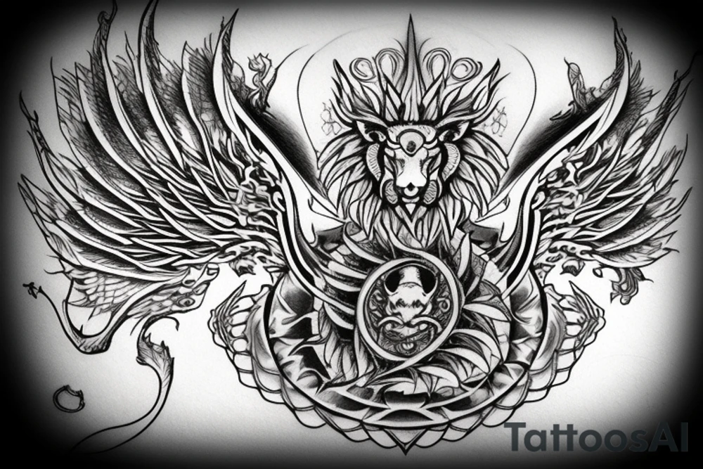 Lion dragon shaman Pegasus
 mystical
 lions mane
dragons wings
dragons feet
abstract negative space
dark
hallucinogenic
Fortune teller
Chrystal ball
Orbuculum
yin yang tattoo idea