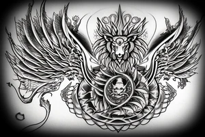 Lion dragon shaman Pegasus
 mystical
 lions mane
dragons wings
dragons feet
abstract negative space
dark
hallucinogenic
Fortune teller
Chrystal ball
Orbuculum
yin yang tattoo idea