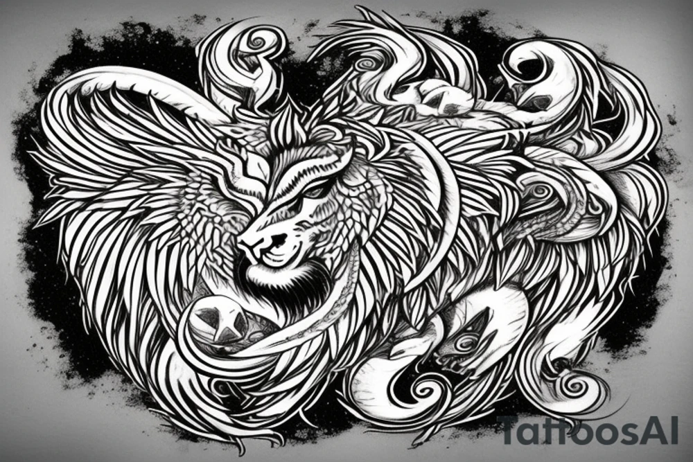 Lion dragon shaman Pegasus
 mystical
 lions mane
dragons wings
dragons feet
abstract negative space
dark
hallucinogenic
Fortune teller
Chrystal ball
Orbuculum
yin yang tattoo idea