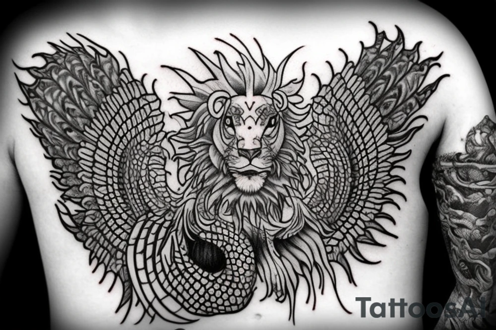 Lion dragon shaman Pegasus
 mystical
 lions mane
dragons wings
dragons feet
abstract negative space
dark
hallucinogenic
Fortune teller
Chrystal ball
Orbuculum
yin yang tattoo idea