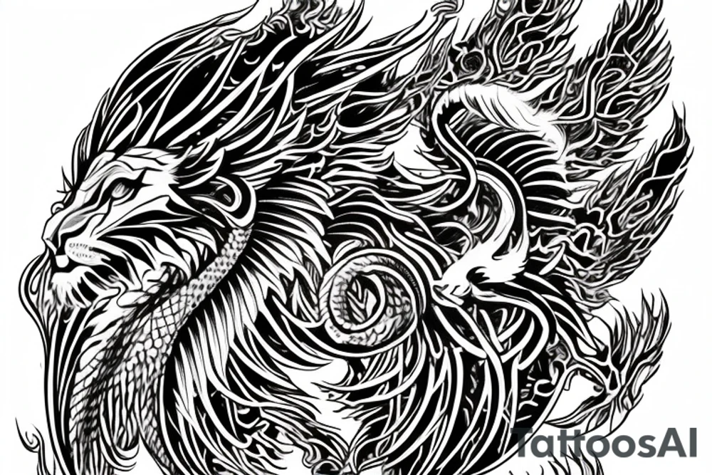 Lion dragon shaman Pegasus
 mystical
 lions mane
dragons wings
dragons feet
abstract negative space
dark
hallucinogenic
Fortune teller
Chrystal ball
Orbuculum
yin yang tattoo idea
