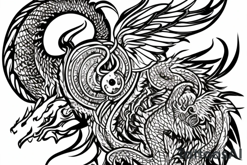 Lion dragon shaman Pegasus
 mystical
 lions mane
dragons wings
dragons feet
abstract negative space
dark
hallucinogenic
Fortune teller
Chrystal ball
Orbuculum tattoo idea