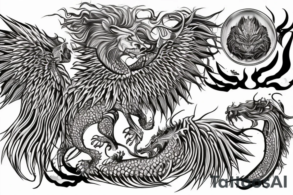 Lion dragon shaman Pegasus
 mystical
 lions mane
dragons wings
dragons feet
abstract negative space
dark
hallucinogenic
Fortune teller
Chrystal ball
Orbuculum tattoo idea