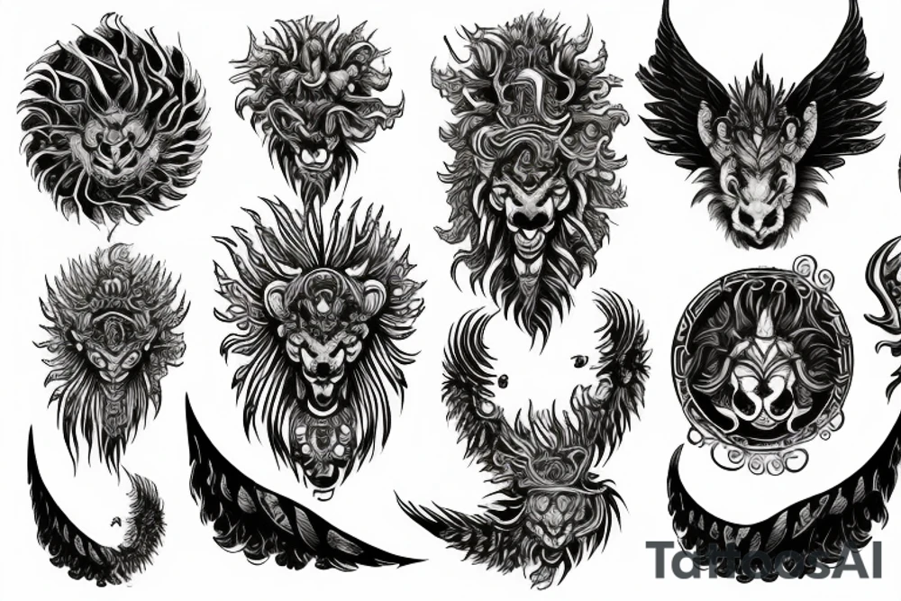 Lion dragon shaman Pegasus
 mystical
 lions mane
dragons wings
dragons feet
abstract negative space
dark
hallucinogenic
Fortune teller
Chrystal ball
Orbuculum tattoo idea