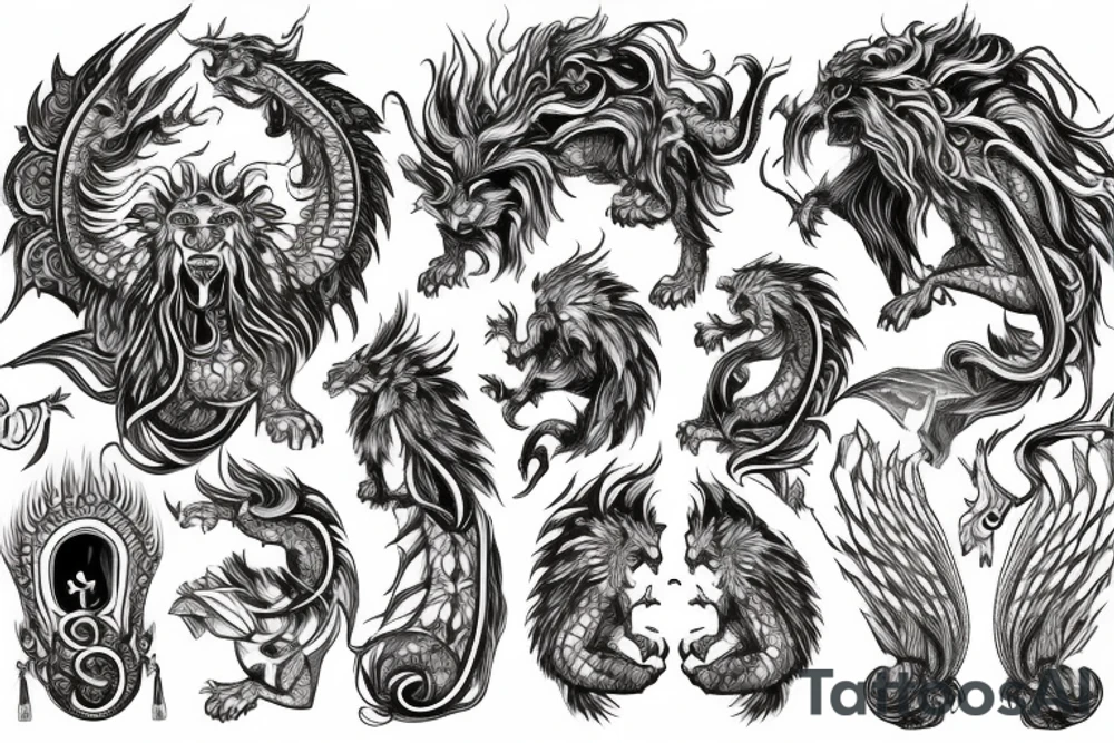 Lion dragon shaman Pegasus
 mystical
 lions mane
dragons wings
dragons feet
abstract negative space
dark
hallucinogenic
Fortune teller
Chrystal ball
Orbuculum tattoo idea