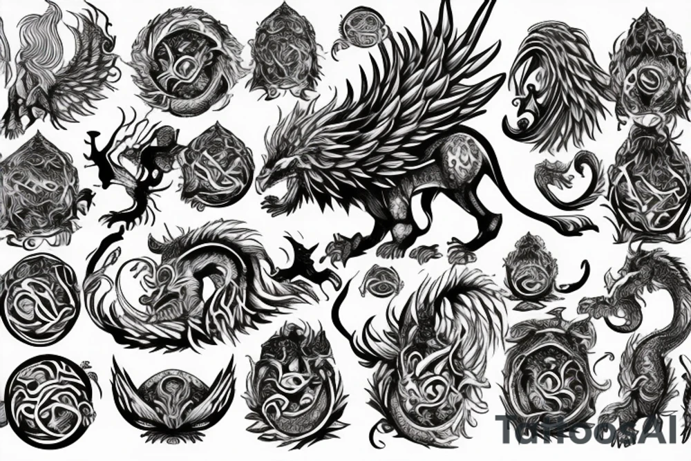 Lion dragon shaman Pegasus
 mystical
 lions mane
dragons wings
dragons feet
abstract negative space
dark
hallucinogenic
Fortune teller
Chrystal ball
Orbuculum tattoo idea