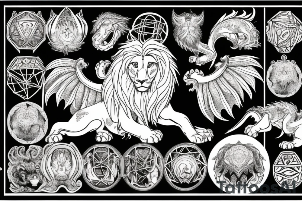 Lion dragon shaman Pegasus
 mystical
 lions mane
dragons wings
dragons feet
abstract negative space
dark
hallucinogenic
Fortune teller
Chrystal ball
Orbuculum tattoo idea