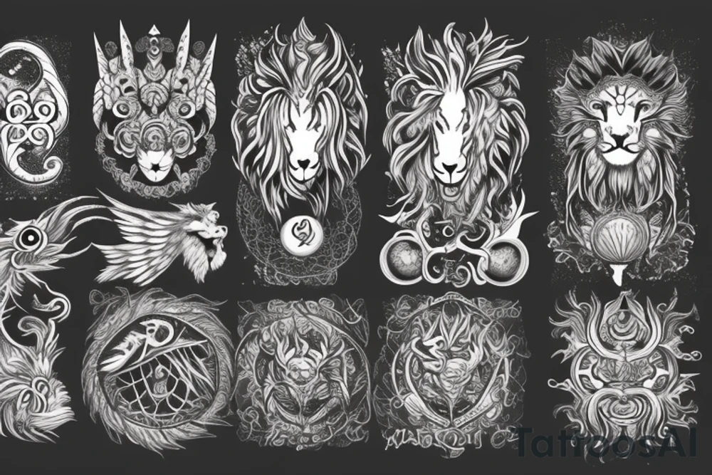 Lion dragon shaman Pegasus
 mystical
 lions mane
dragons wings
dragons feet
abstract negative space
dark
hallucinogenic
Fortune teller
Chrystal ball
Orbuculum tattoo idea