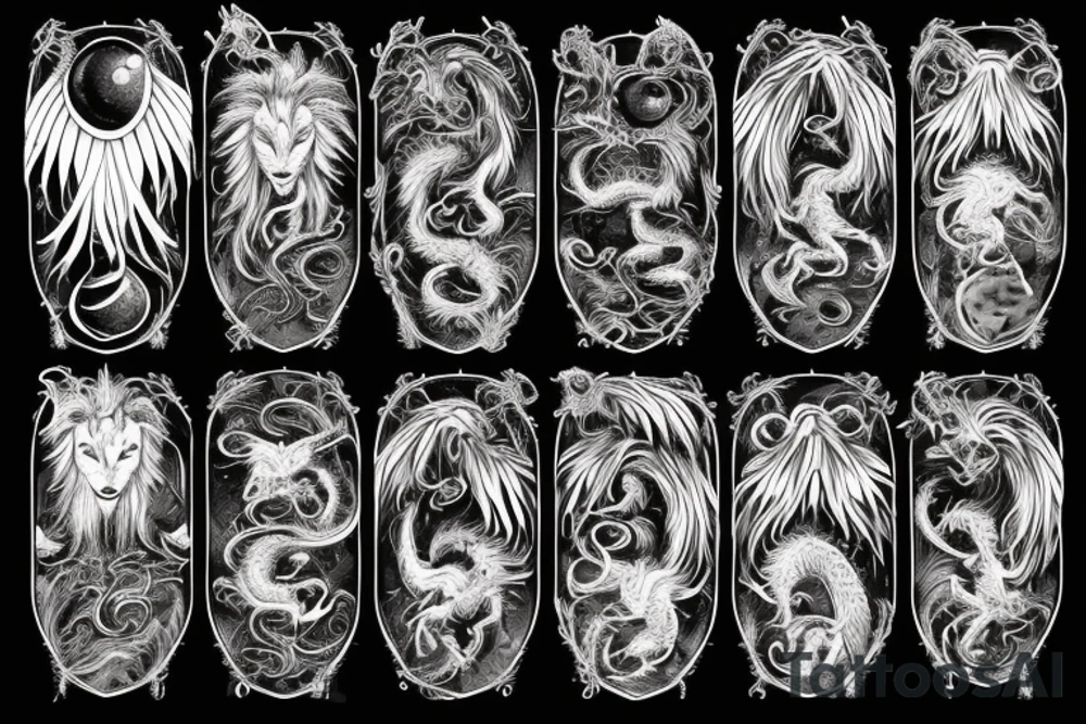 Lion dragon shaman Pegasus
 mystical
 lions mane
dragons wings
dragons feet
abstract negative space
dark
hallucinogenic
Fortune teller
Chrystal ball
Orbuculum tattoo idea
