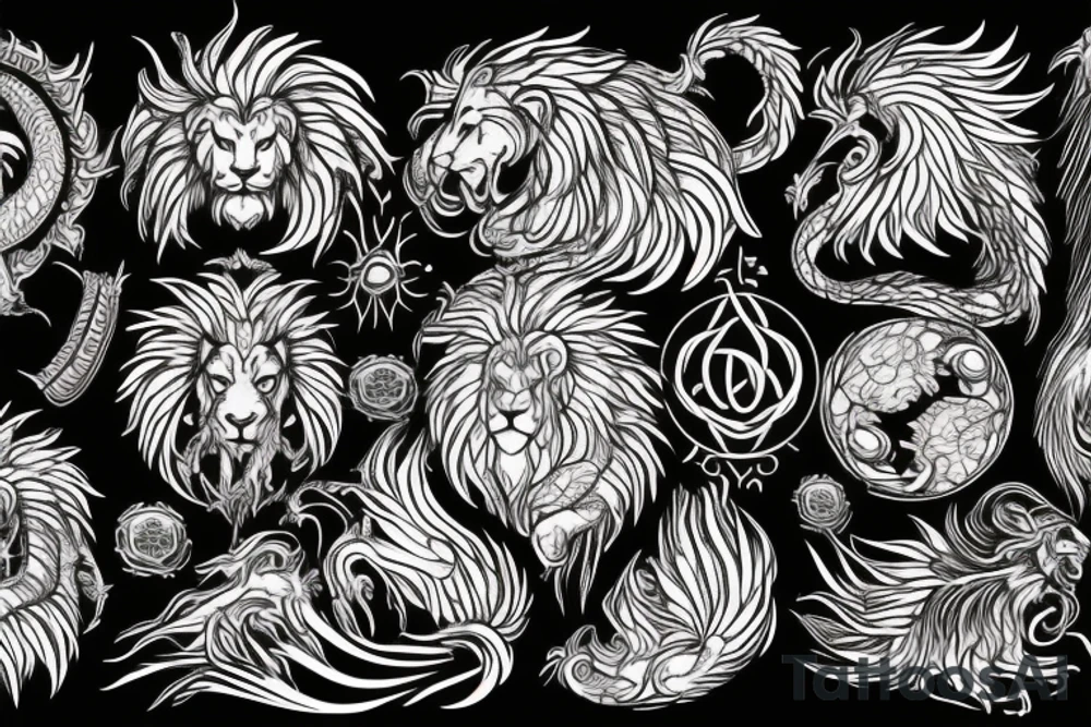 Lion dragon shaman Pegasus
 mystical
 lions mane
dragons wings
dragons feet
abstract negative space
dark
hallucinogenic
Fortune teller
Chrystal ball
Orbuculum tattoo idea