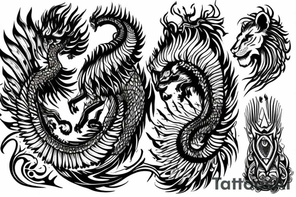 Lion dragon shaman Pegasus
 mystical
 lions mane
dragons wings
dragons feet
abstract negative space
dark
hallucinogenic
Fortune teller
Chrystal ball
Orbuculum tattoo idea