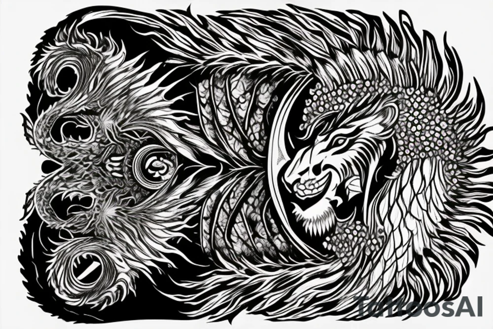 Lion dragon shaman Pegasus
 mystical
 lions mane
dragons wings
dragons feet
abstract negative space
dark
hallucinogenic
Fortune teller
Chrystal ball
Orbuculum tattoo idea
