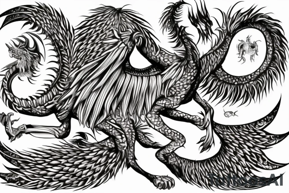 Lion dragon shaman Pegasus
 mystical
 lions mane
dragons wings
dragons feet
abstract negative space
dark
hallucinogenic
Fortune teller
Chrystal ball
Orbuculum tattoo idea