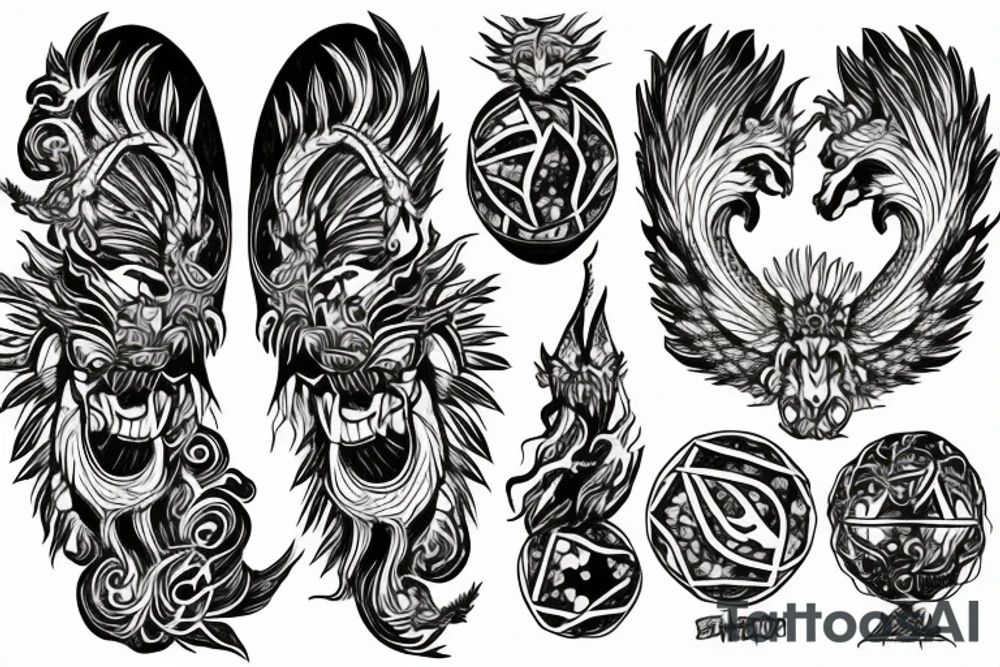 Lion dragon shaman Pegasus
 mystical
 lions mane
dragons wings
dragons feet
abstract negative space
dark
hallucinogenic
Fortune teller
Chrystal ball
Orbuculum tattoo idea