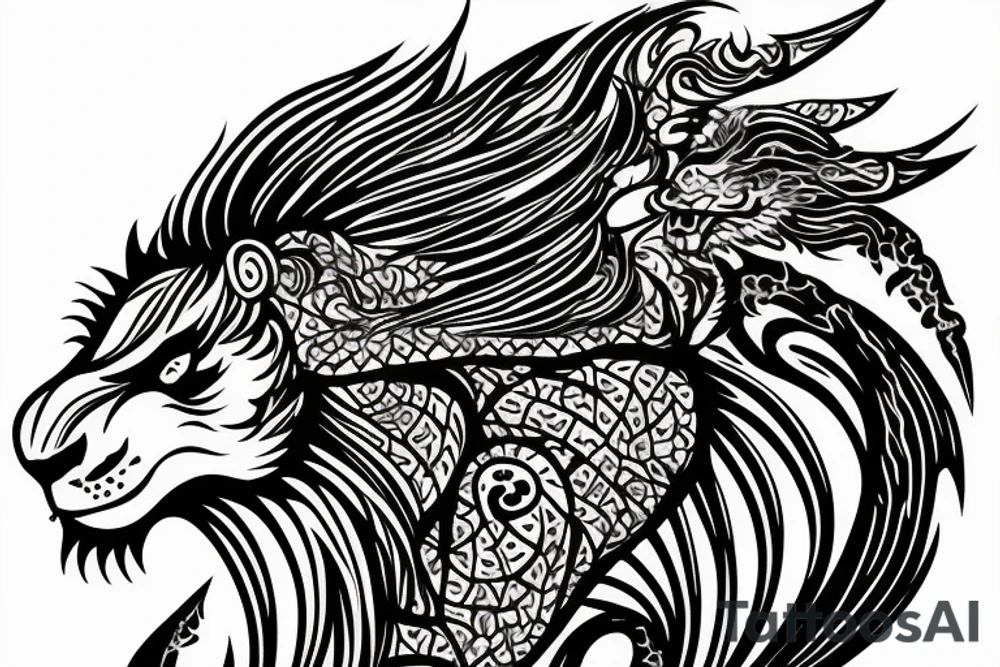 Lion dragon shaman Pegasus
 mystical
 lions mane
dragons wings
dragons feet
abstract negative space
dark
hallucinogenic
Fortune teller
Chrystal ball
Orbuculum tattoo idea