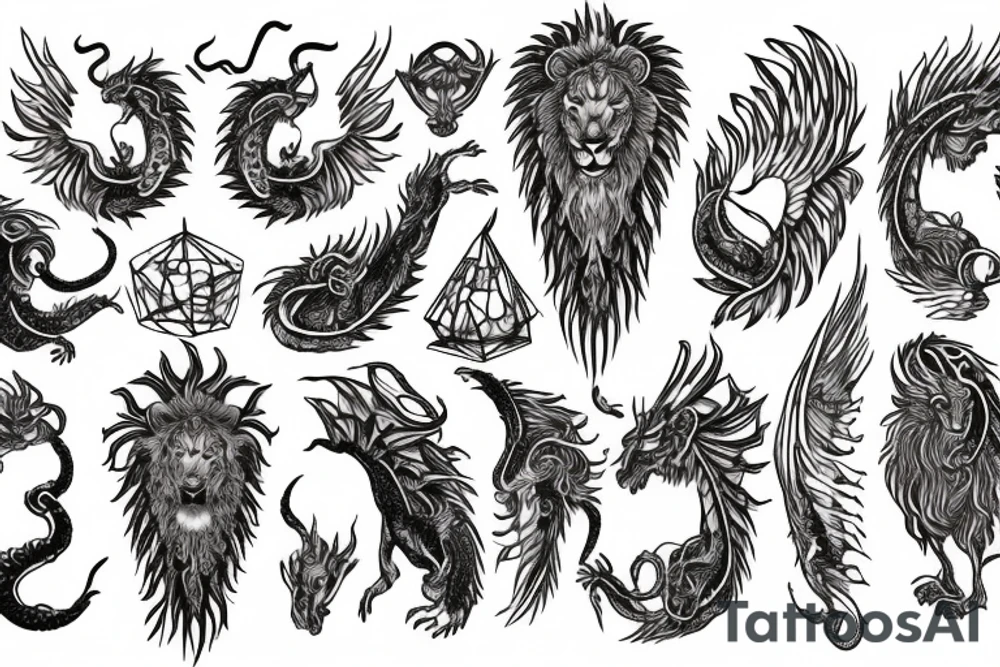 Lion dragon shaman Pegasus
 mystical
 lions mane
dragons wings
dragons feet
abstract negative space
dark
hallucinogenic
Fortune teller
Chrystal ball
Orbuculum tattoo idea