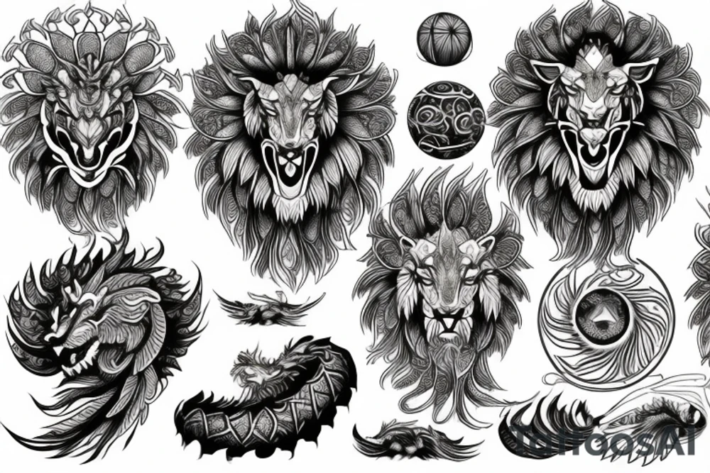 Lion dragon shaman Pegasus
 mystical
 lions mane
dragons wings
dragons feet
abstract negative space
dark
hallucinogenic
Fortune teller
Chrystal ball
Orbuculum tattoo idea