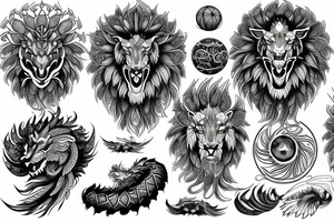 Lion dragon shaman Pegasus
 mystical
 lions mane
dragons wings
dragons feet
abstract negative space
dark
hallucinogenic
Fortune teller
Chrystal ball
Orbuculum tattoo idea