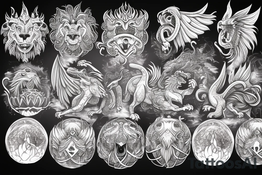 Lion dragon shaman Pegasus
 mystical
 lions mane
dragons wings
dragons feet
abstract negative space
dark
hallucinogenic
Fortune teller
Chrystal ball
Orbuculum tattoo idea